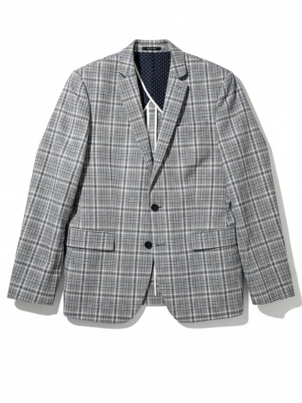 Express Photographer Fitted Men's Navy Blue Gray Plaid Blazer Polka Dot Lining